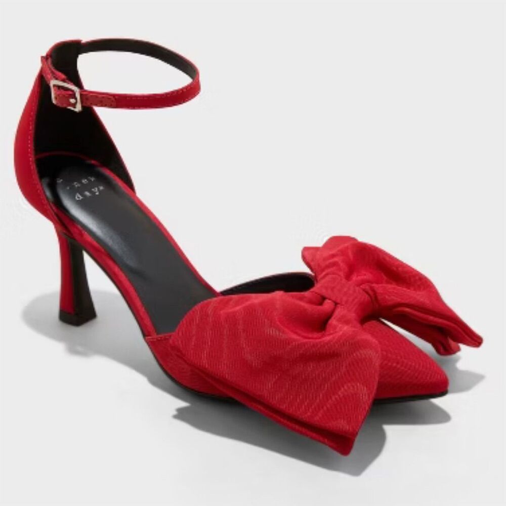 a new day Red Bow Pointed Toe Ankle Strap Heels
